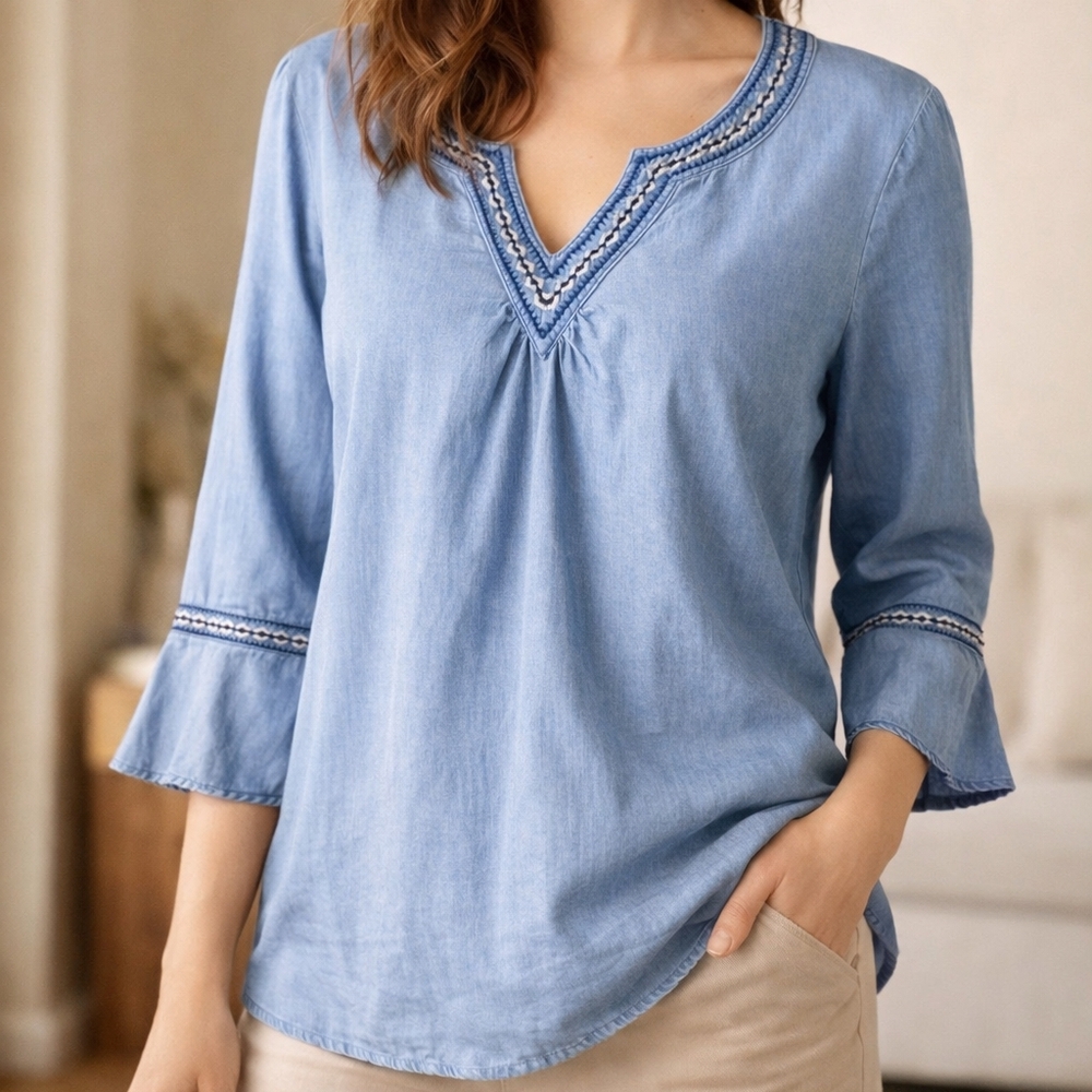 Western Cowgirl Boho Chambrey Cotton Bell Sleeve Embroidered Blouse Blue SZ: XL